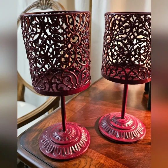 Set of Two Metal Ornate Pedestal Large Candle Holder Marroon Dark Red EUC - Picture 5 of 9
